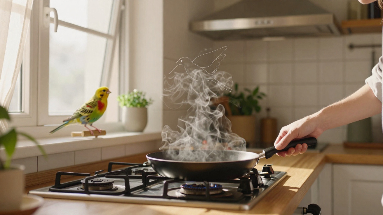 Pessoa cozinhando em fogão a gás com fumaça formando desenho de pássaro e pássaro amarelo na janela.