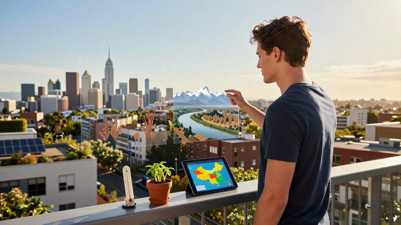 Jovem interage com hologramas de paisagens e mapas em varanda, com cidade ao fundo, usando tablet e termômetro.