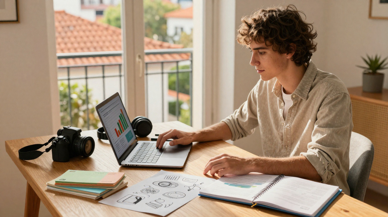 Jovem trabalhando em laptop e analisando gráficos em mesa com câmera, cadernos e papéis em ambiente iluminado.