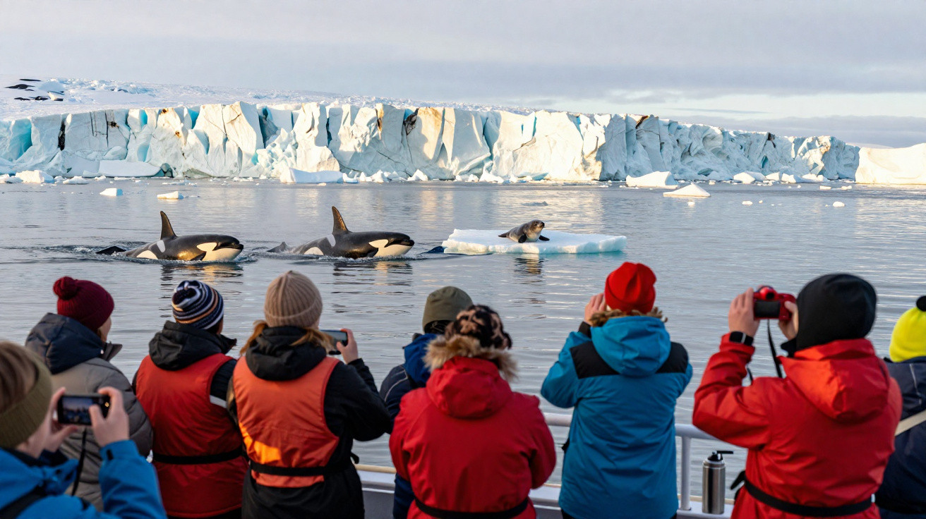 Turistas fotografam orcas e uma foca em mar gelado com geleira ao fundo na Antártida.