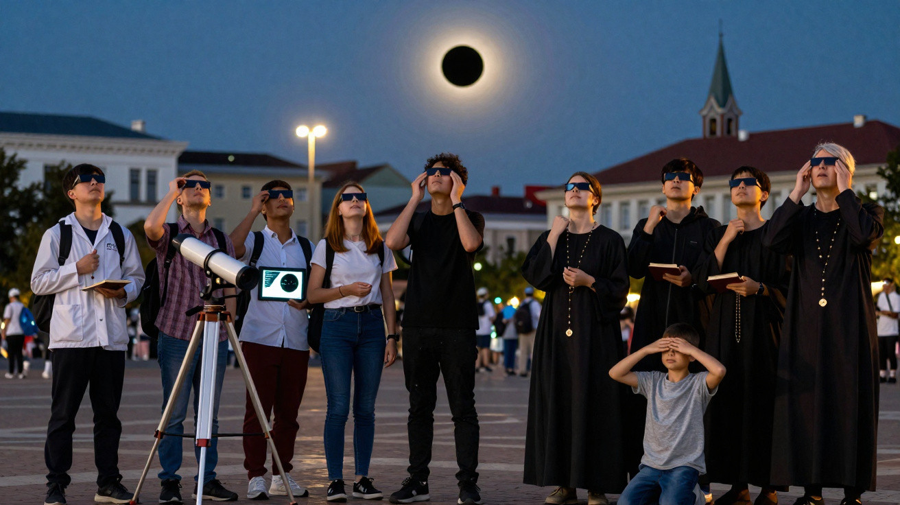Grupo de pessoas usando óculos especiais para observar eclipse solar total ao entardecer em praça pública.