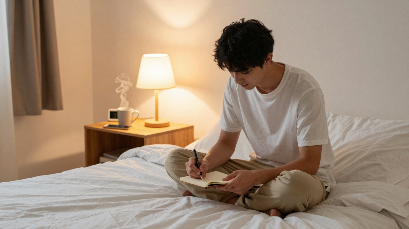 Jovem sentado na cama escrevendo em caderno com lâmpada acesa e xícara fumegante ao fundo.