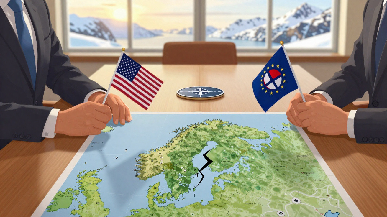 Duas pessoas seguram bandeiras dos EUA e da OTAN sobre mapa dividido da Escandinávia com rachadura no centro.