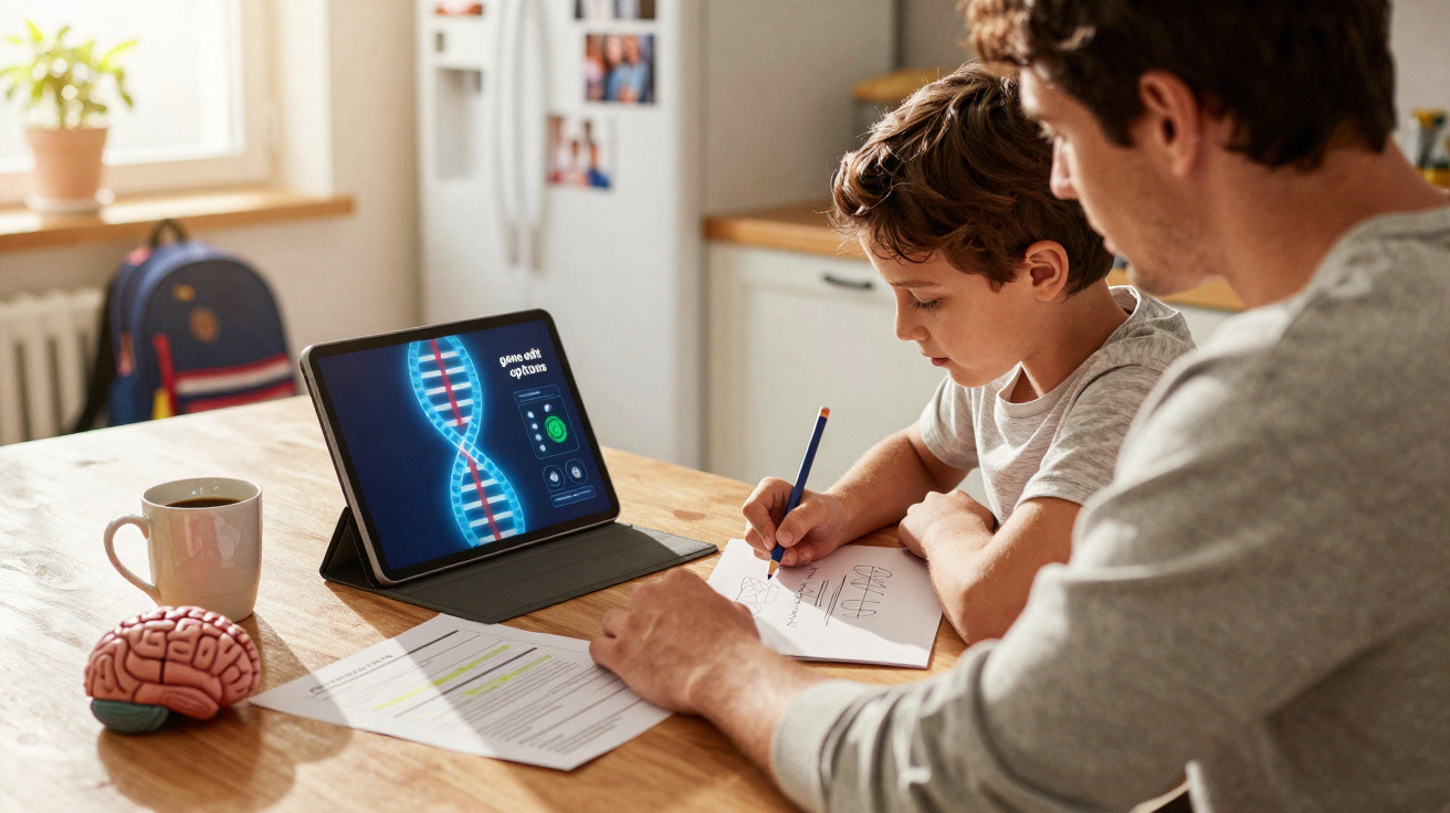 Pai e filho estudando genética com tablet, papel e modelo de cérebro em mesa na cozinha.