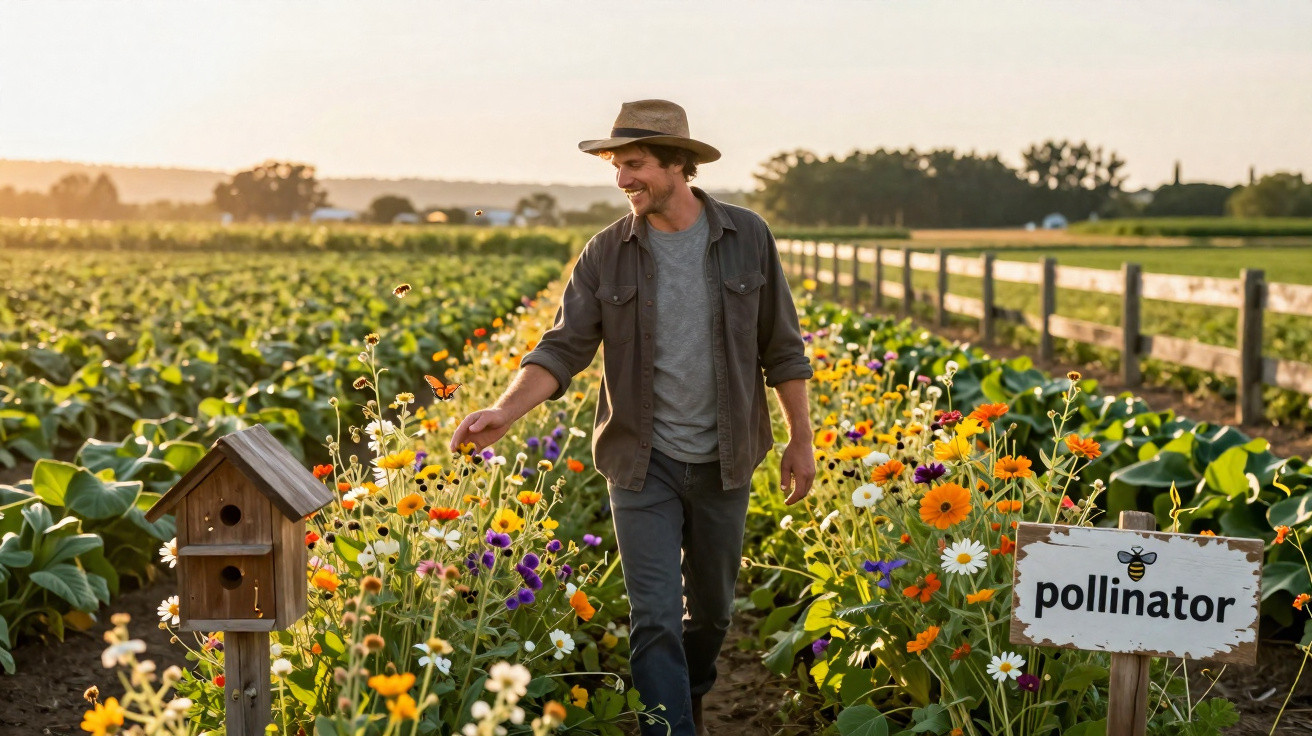 Homem com chapéu caminha sorrindo entre flores coloridas em campo com placa "pollinator".