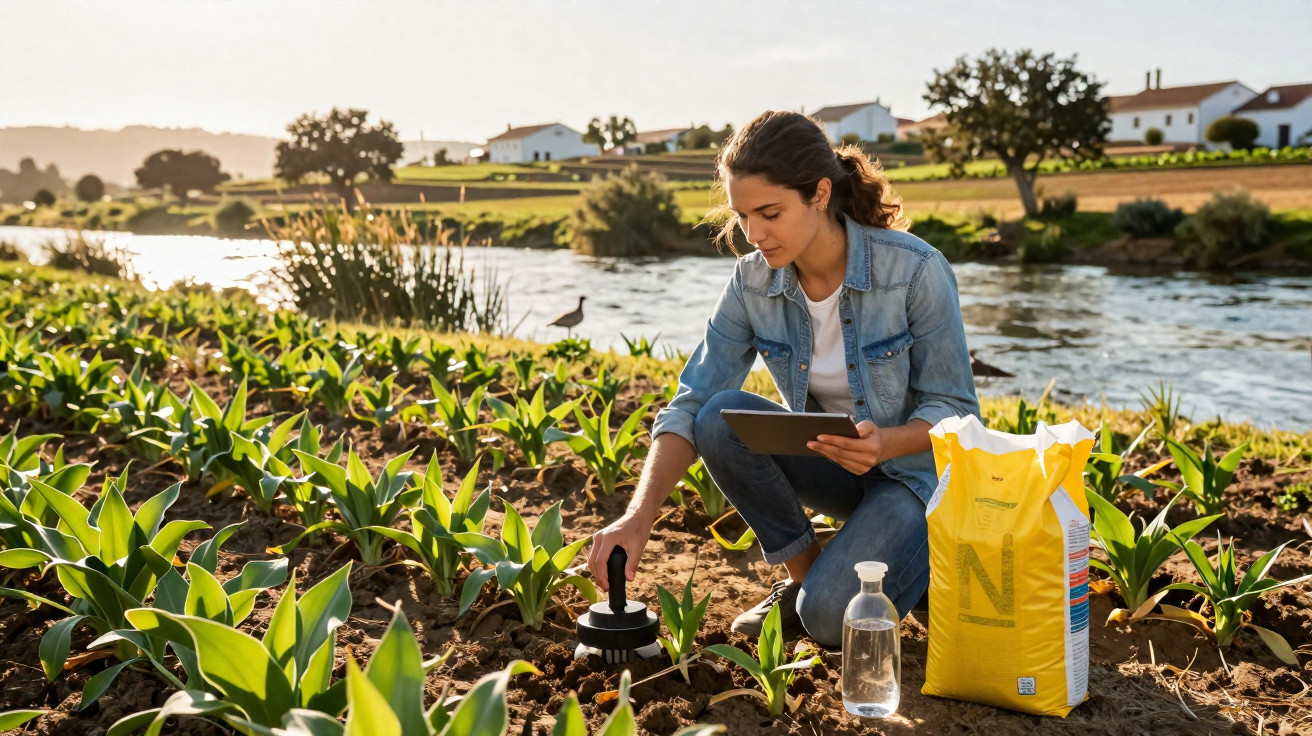 Mulher usando tablet em plantação perto de rio, analisando solo com equipamento de agricultura de precisão.