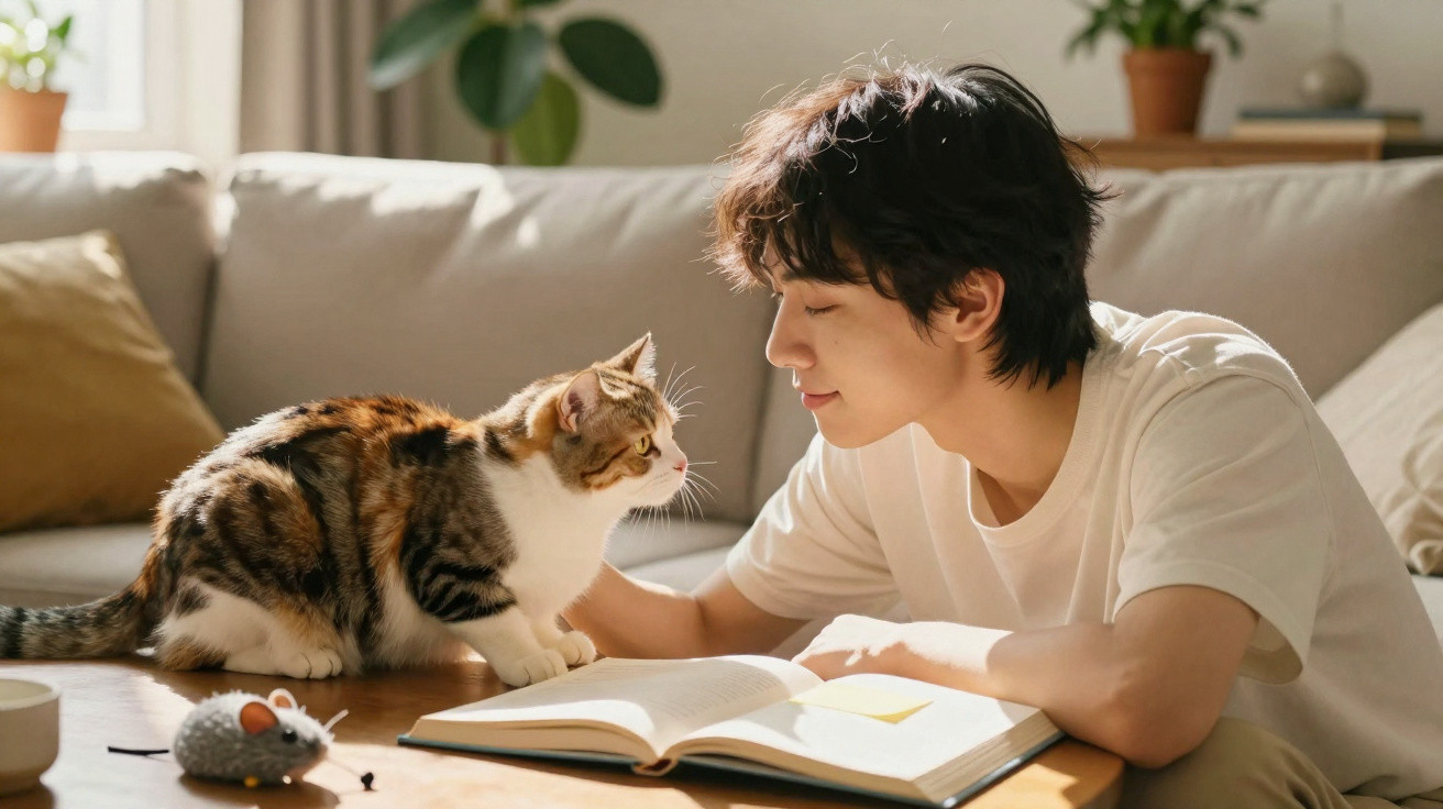 Jovem interage com gato sentado em mesa ao lado de livro aberto em ambiente iluminado e aconchegante.