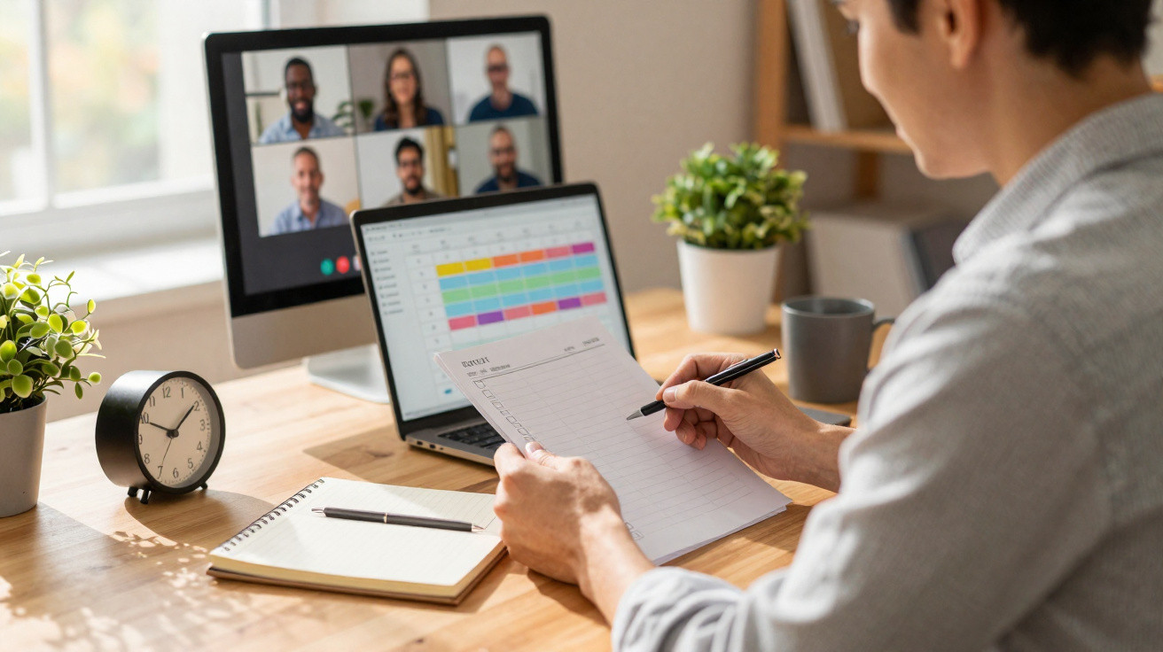 Pessoa em videoconferência, analisando calendário e anotando em bloco de notas na mesa de trabalho.