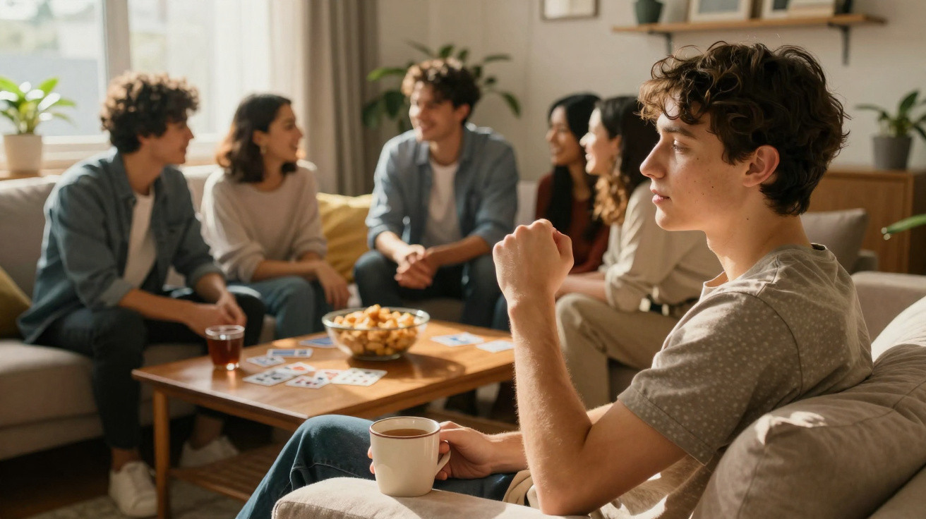 Grupo de jovens conversando em sala com mesa, petiscos e uma pessoa segurando caneca de bebida.