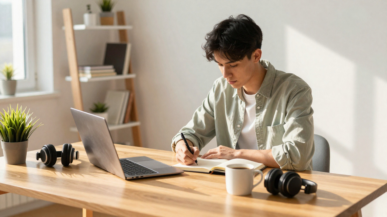 Jovem estudando e escrevendo em caderno com laptop, fones de ouvido e xícara em mesa iluminada.