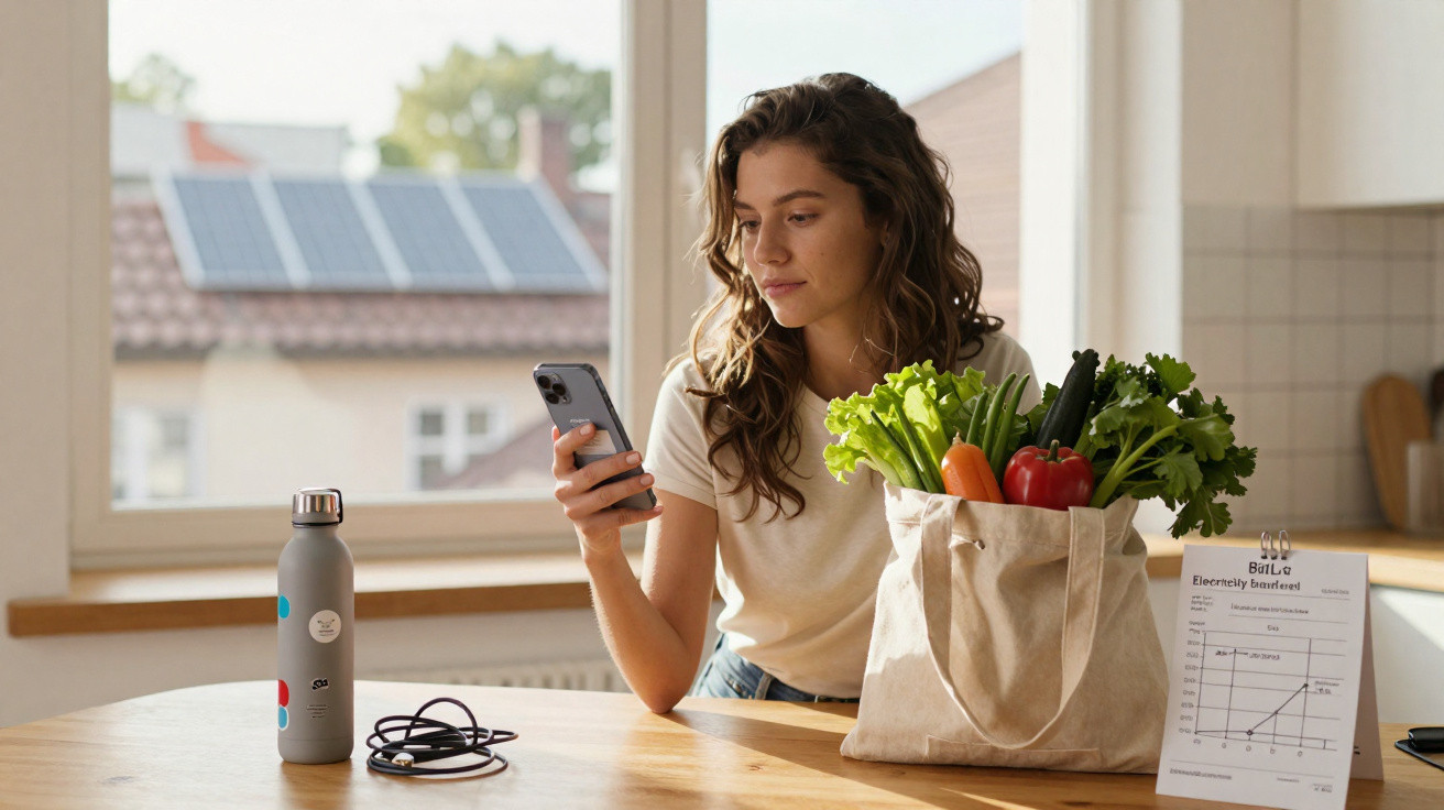 Jovem sentada à mesa da cozinha com sacola de verduras e olhando para celular em ambiente iluminado.