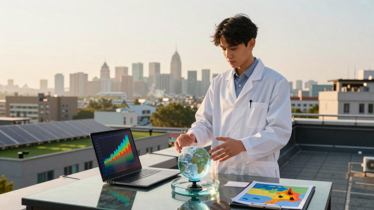 Cientista jovem em jaleco manipula globo terrestre em mesa com laptop e mapas na cobertura de um prédio.