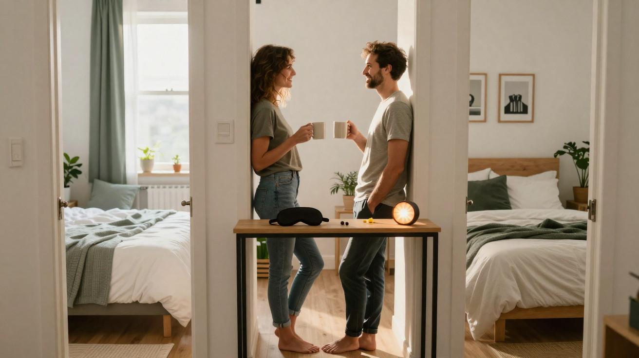 Casal sorrindo e brindando com canecas em corredor entre quartos com camas arrumadas.