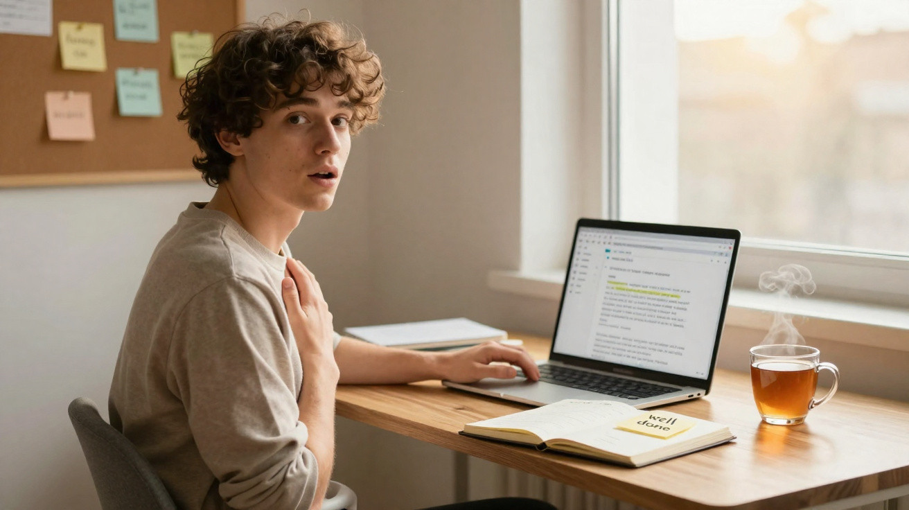 Jovem sentado à mesa com notebook, caderno e xícara de chá fumegante, olhando para a câmera.