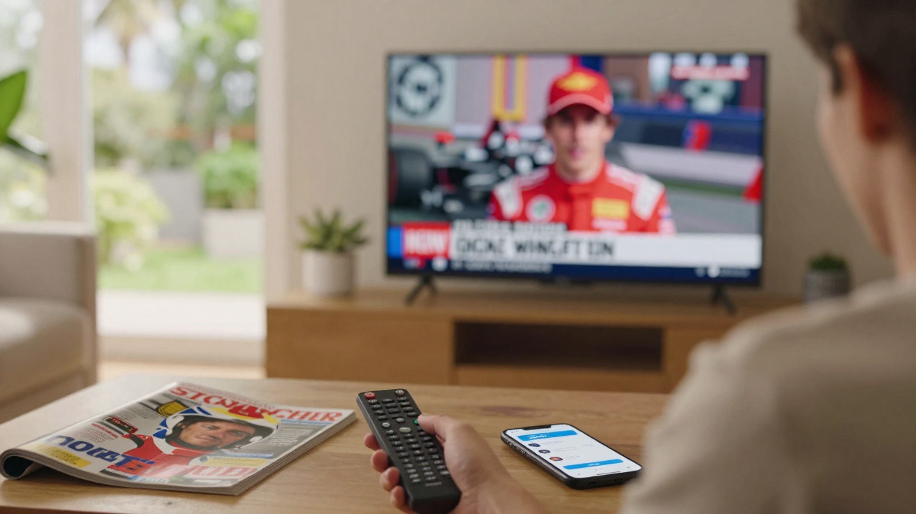 Pessoa segurando controle remoto assistindo entrevista de piloto de corrida na televisão com revista esportiva na mesa.