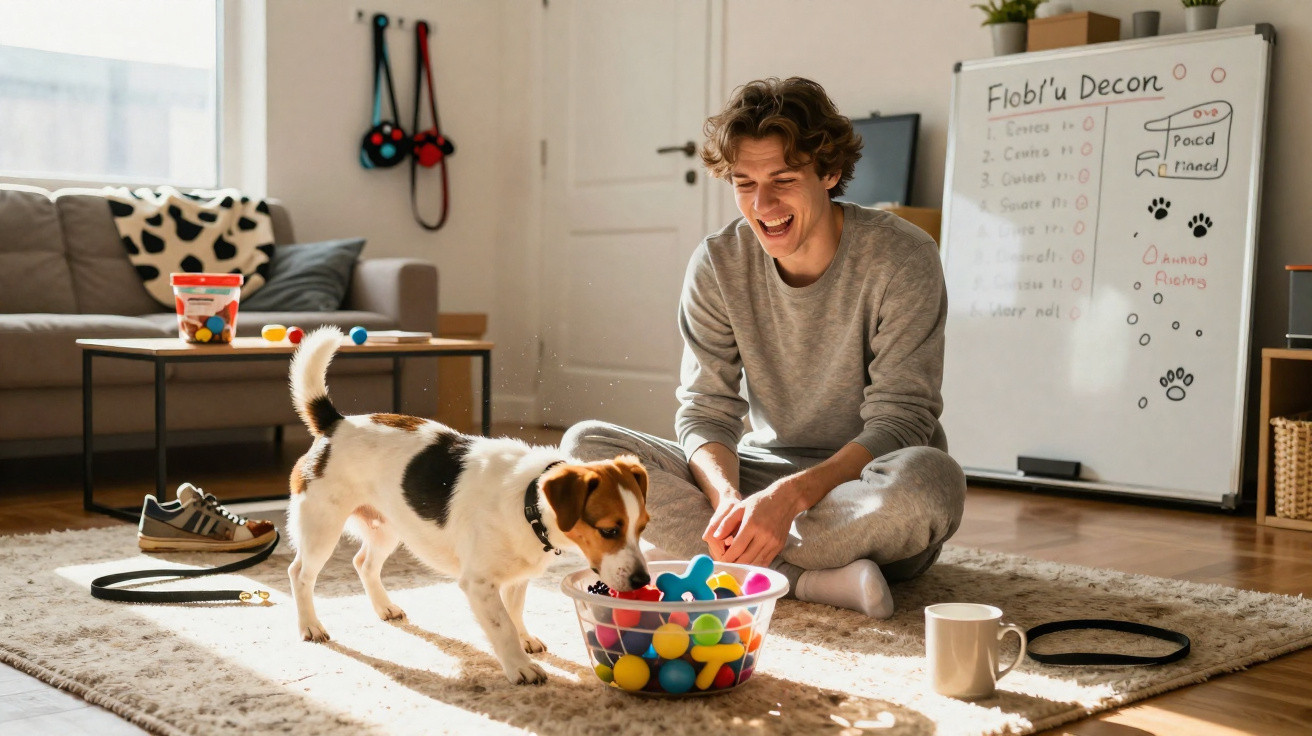 Homem sentado no chão brinca com cachorro que pega brinquedo colorido em sala iluminada.