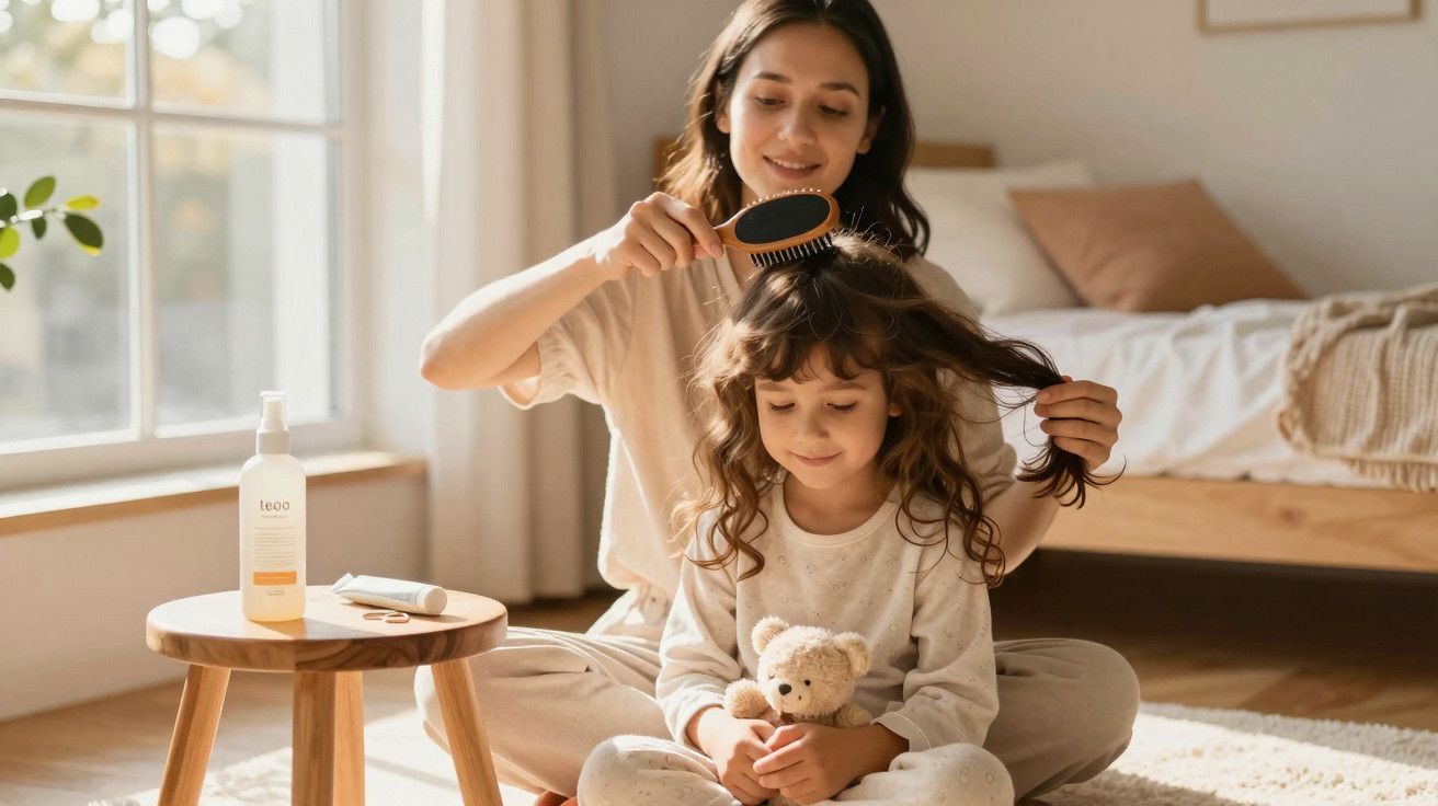 Mulher penteando cabelo de criança sentada no chão ao lado de mesinha com produtos.