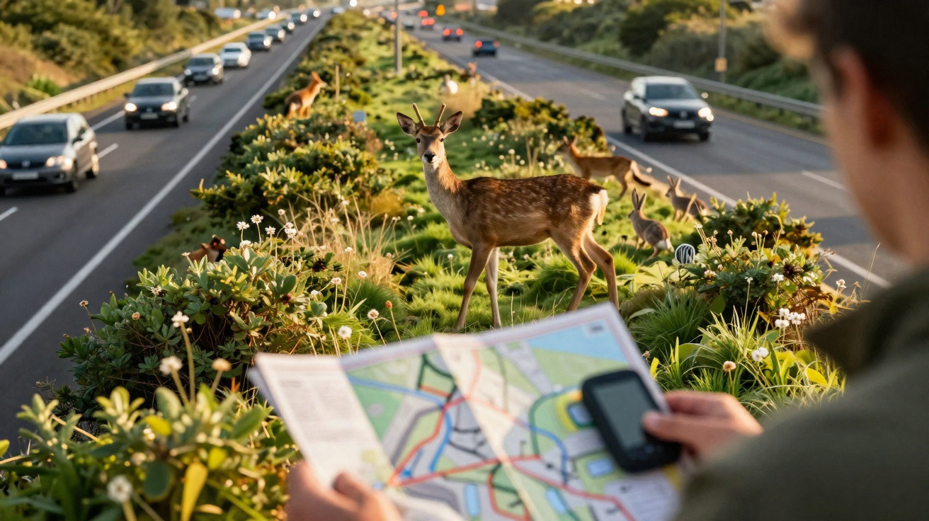 Pessoa olhando mapa e GPS enquanto cervos estão na vegetação entre pistas movimentadas de uma rodovia.