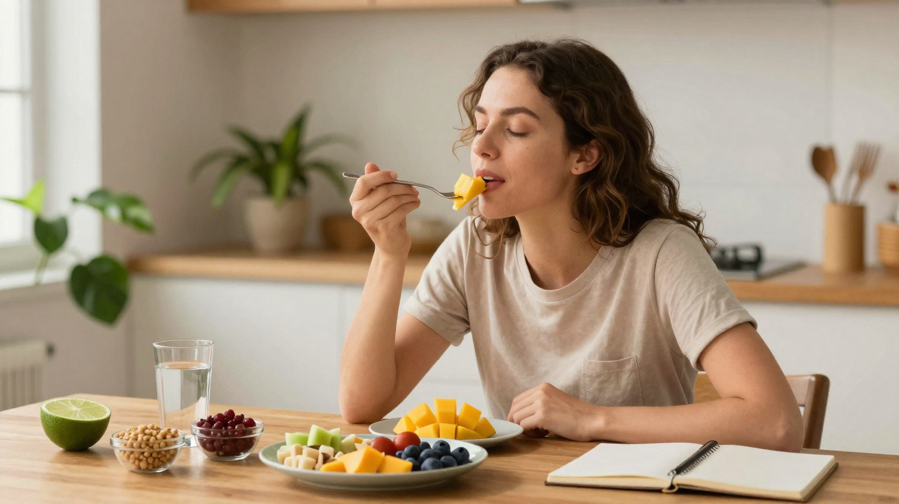 Mulher sentada à mesa com frutas e caderno, comendo pedaço de manga com colher na cozinha iluminada.