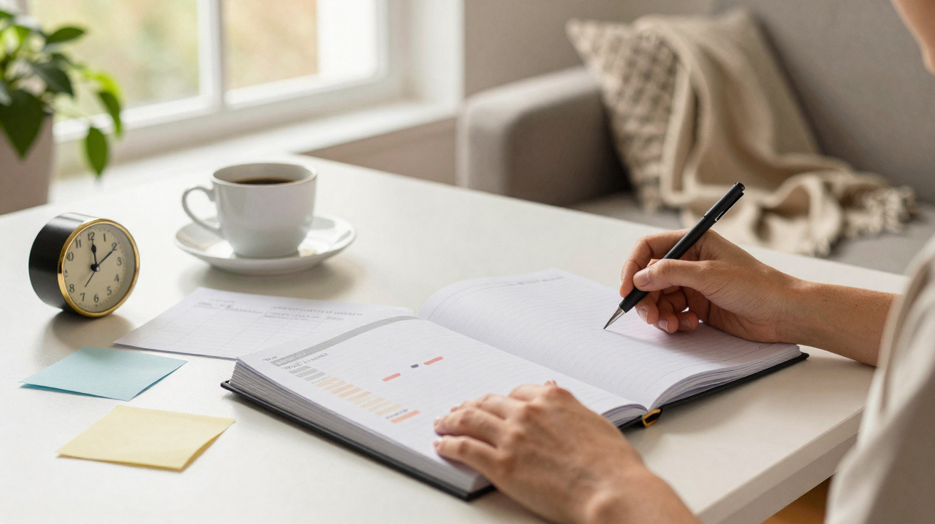 Pessoa escrevendo em caderno sobre mesa branca com relógio, xícara de café e papéis ao redor.