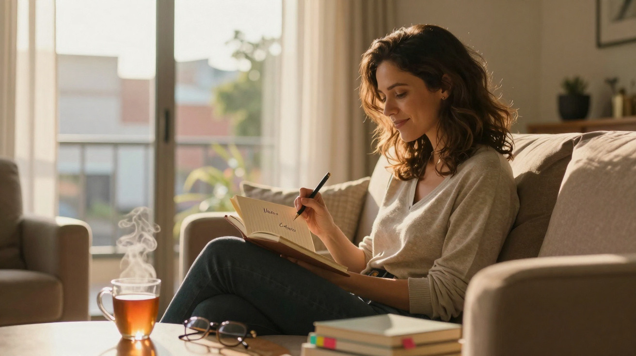 Mulher sentada no sofá escrevendo em um caderno, com xícara de chá e livros sobre a mesa à sua frente.