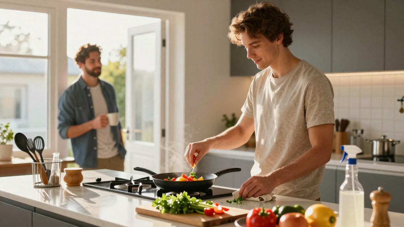 Homem jovem cozinhando legumes em frigideira enquanto outro segura xícara na cozinha moderna iluminada.