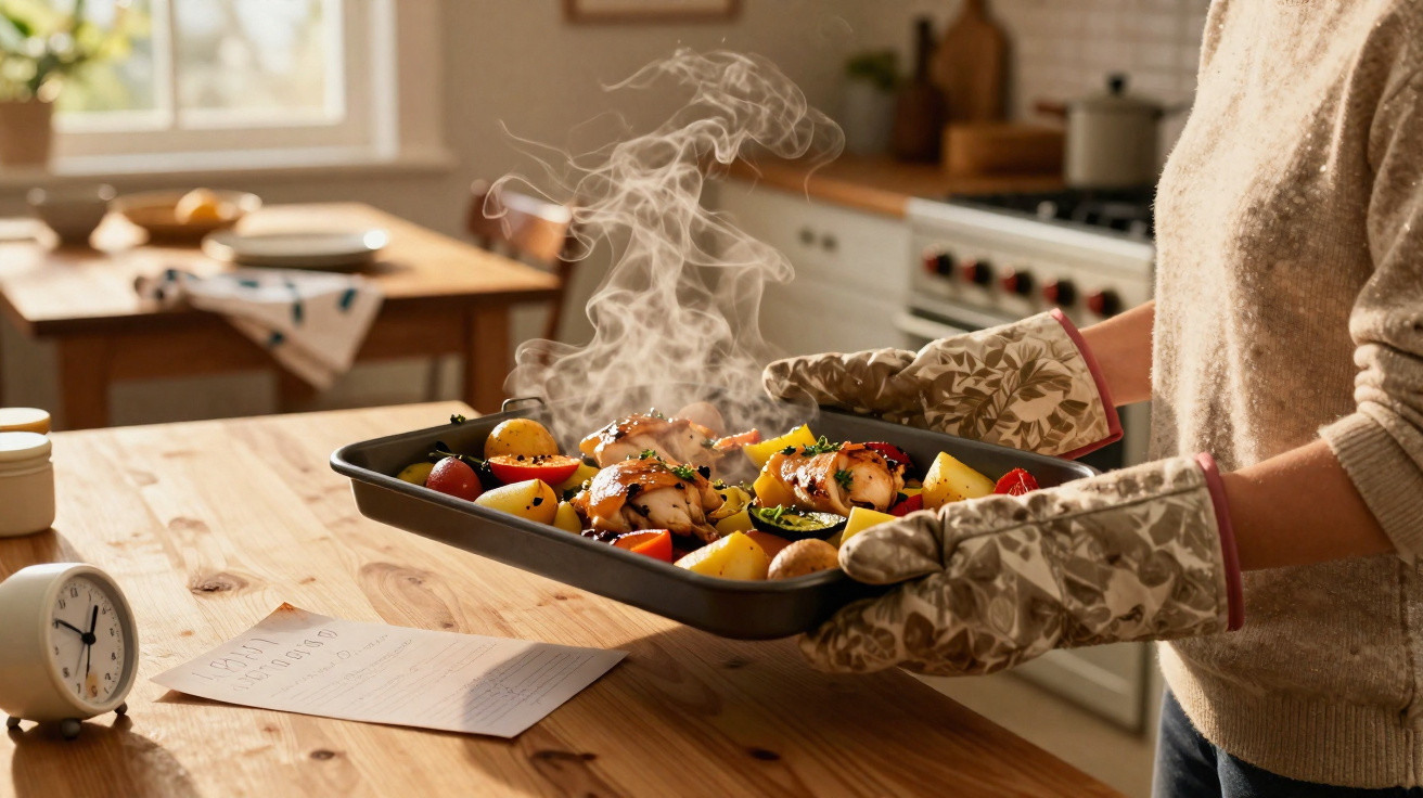 Pessoa segurando assadeira com frango e legumes assados soltando vapor na cozinha iluminada