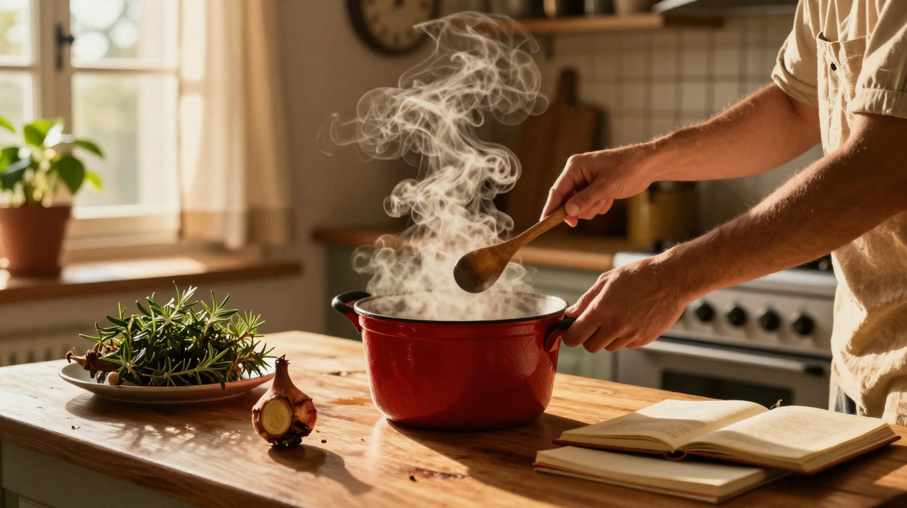 Pessoa mexendo panela vermelha fumegante em cozinha com livro aberto e temperos à mesa de madeira.