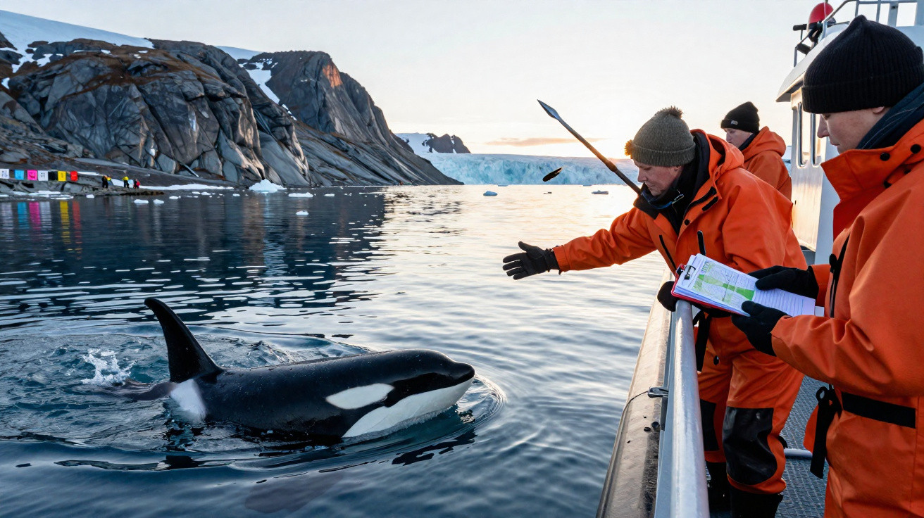 Pessoas em roupas laranja interagindo com uma orca perto de um barco em águas geladas com montanhas ao fundo.