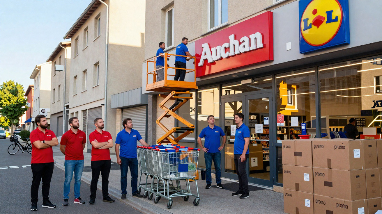 Equipe de trabalhadores instalando fachada do supermercado Auchan em área urbana.