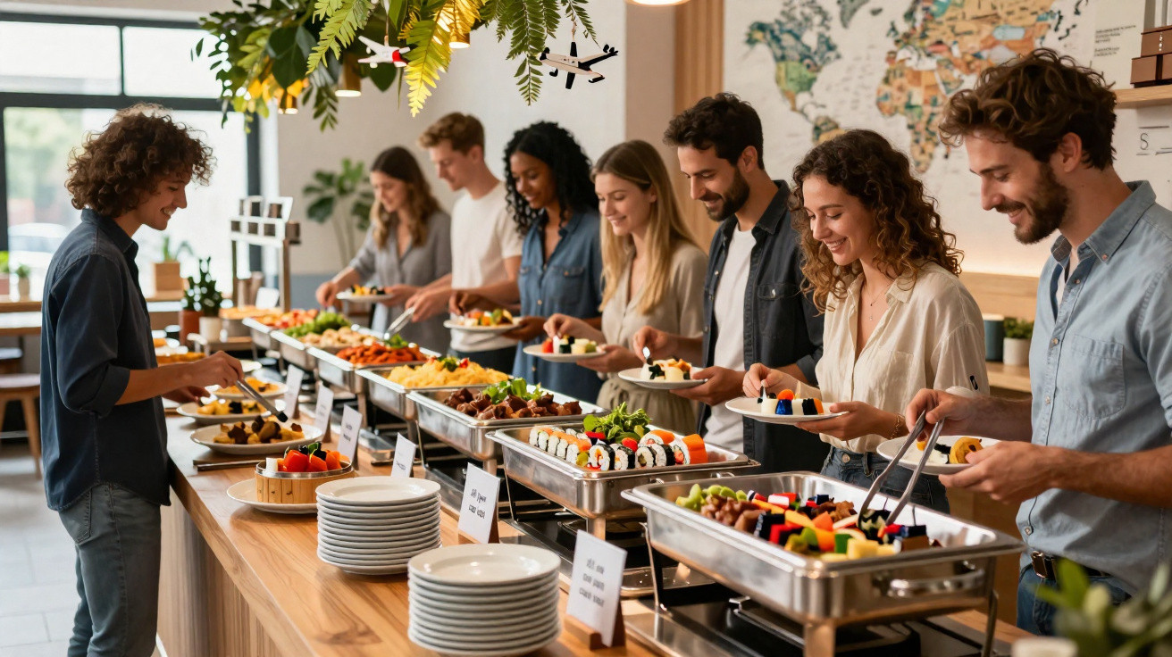 Pessoas sorrindo se servindo em um buffet com variedade de pratos, em ambiente claro e decorado.