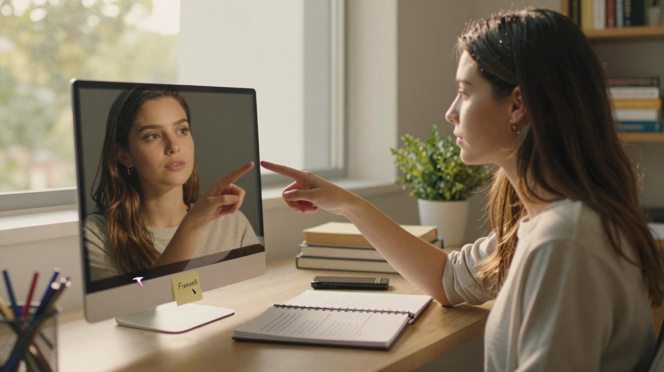 Mulher jovem apontando para a própria imagem refletida na tela de um computador em mesa de escritório.