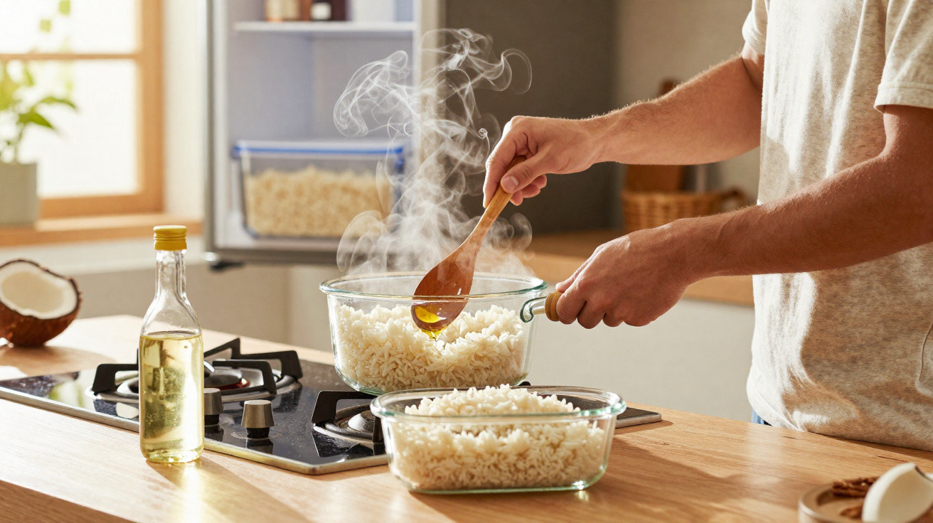 Pessoa mexendo arroz quente em panela de vidro na cozinha com garrafa de óleo à esquerda.