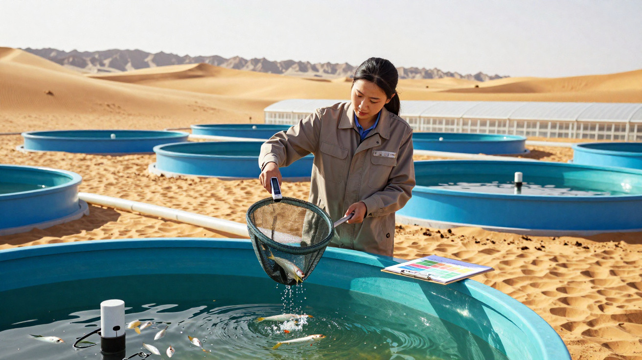 Mulher analisando peixes em tanques azuis no deserto, usando rede e medidor digital.