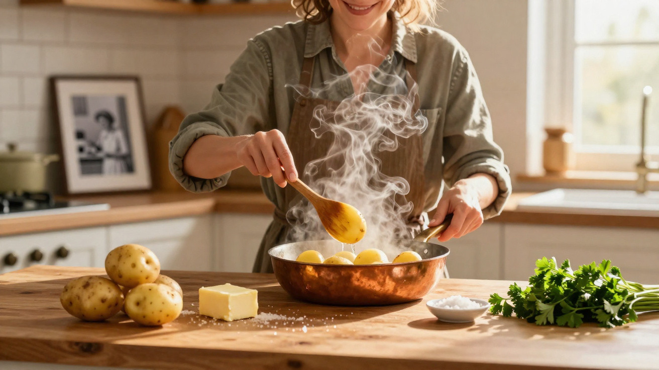 Pessoa cozinhando batatas na frigideira com manteiga, sal e ervas em cozinha iluminada pelo sol.