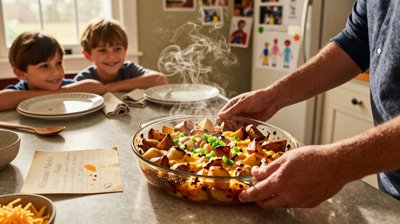 Adulto colocando prato quente com batatas, ervilhas e queijo na mesa enquanto duas crianças observam animadas.
