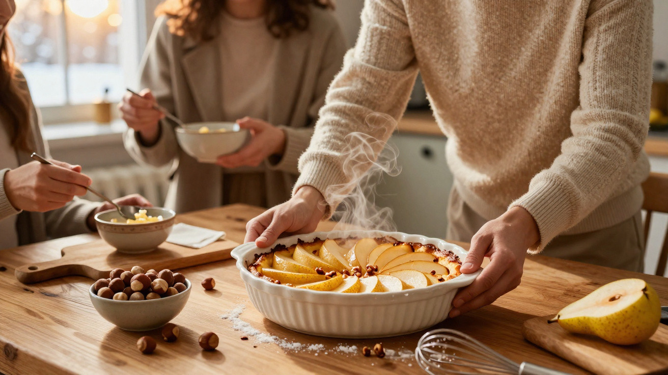 Pessoa segurando torta quente de maçã e pera, mesa com frutas secas e pessoas comendo ao fundo.