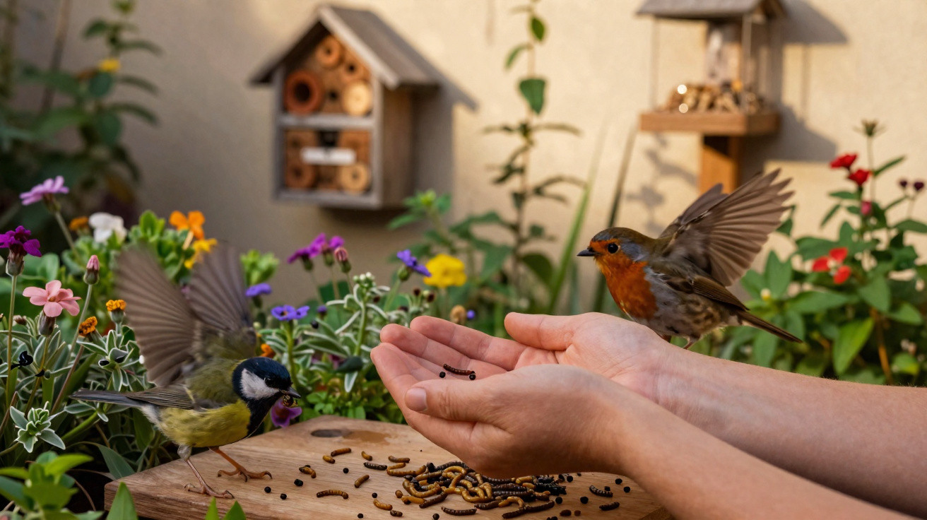 Pássaro se alimentando na mão humana cercada de flores coloridas e casa de insetos ao fundo.
