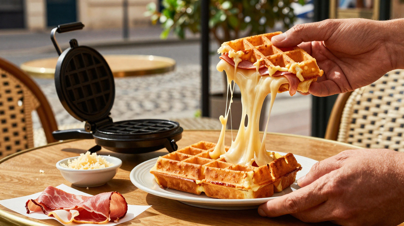 Mão segurando waffle com queijo derretido e presunto, ao lado de máquina de waffle e pratos na mesa.
