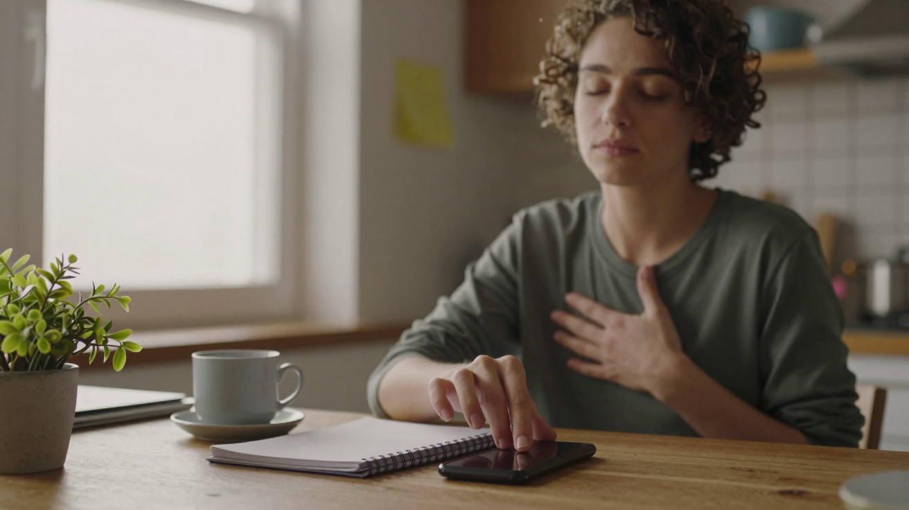 Mulher sentada à mesa, olhos fechados, com mão no peito e tocando celular ao lado de caderno e xícara.