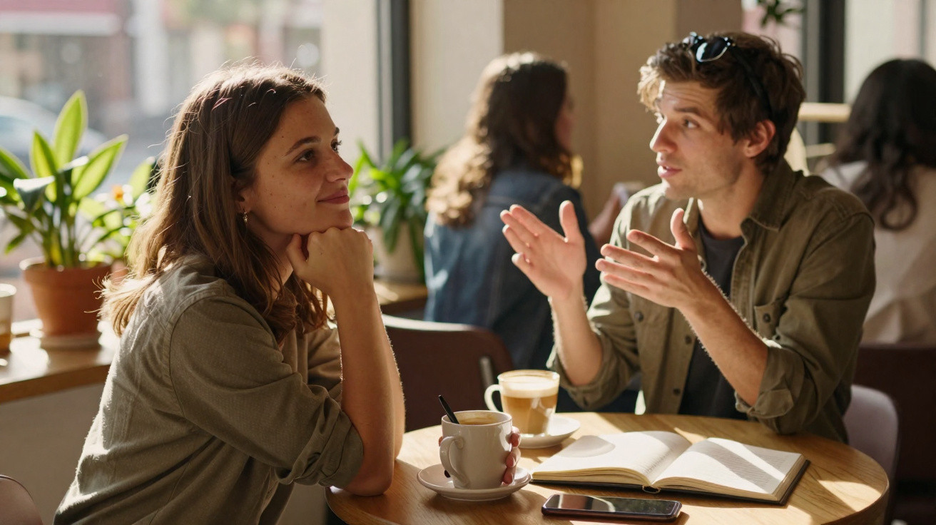 Jovem conversa animada com outra pessoa em café, com café e livro sobre a mesa.