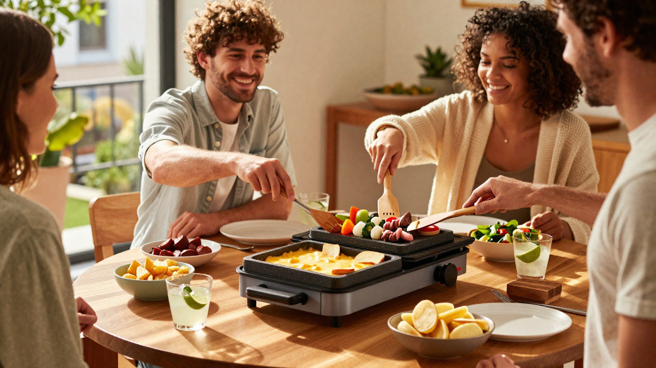 Grupo de quatro amigos sorrindo e preparando comida em grill elétrico na mesa de jantar.