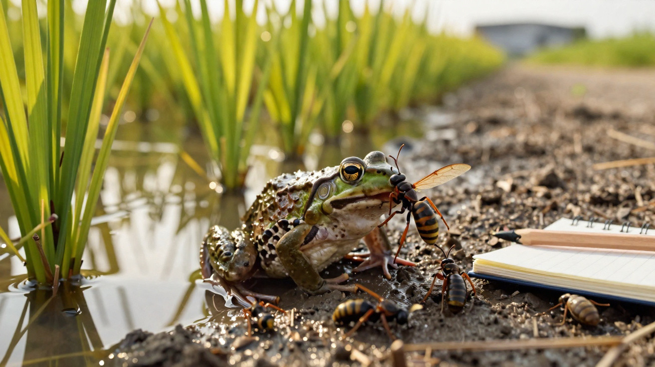 Rã verde ao lado de um caderno e lápis, cercada por vespas em um arrozal alagado.