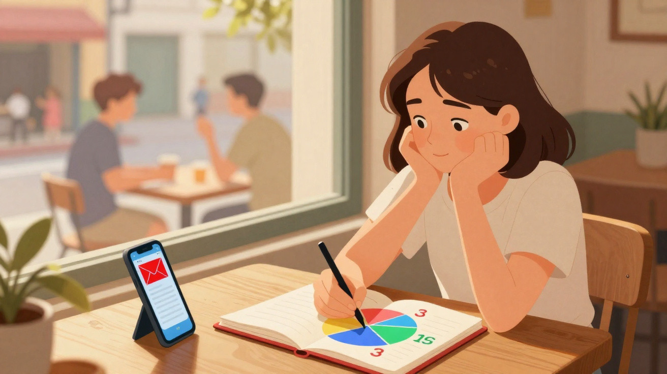 Pessoa jovem desenhando gráfico colorido em caderno, enquanto verifica mensagem no celular sobre mesa em café.