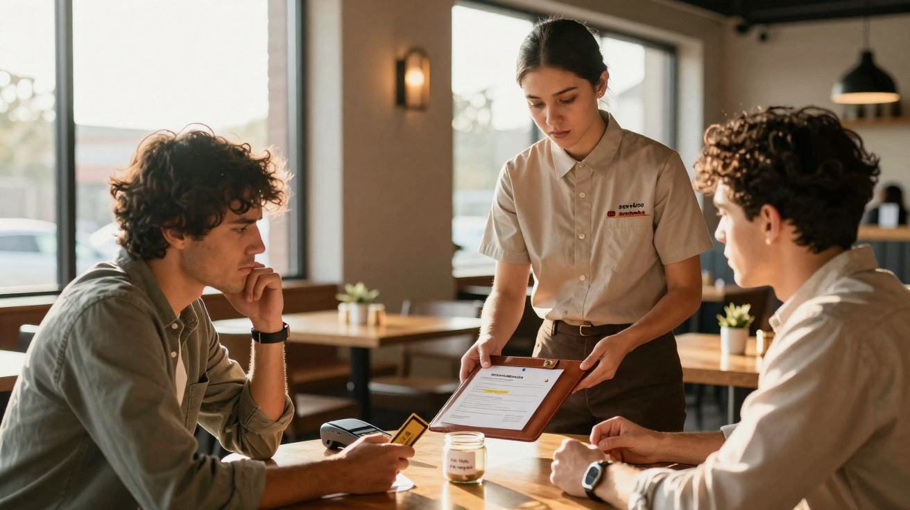 Garçom atende dois clientes sentados em mesa de restaurante, um pagando com cartão.