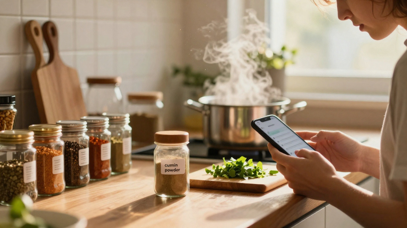 Pessoa consultando receita no celular enquanto cozinha com especiarias e vapor no fogão na cozinha.