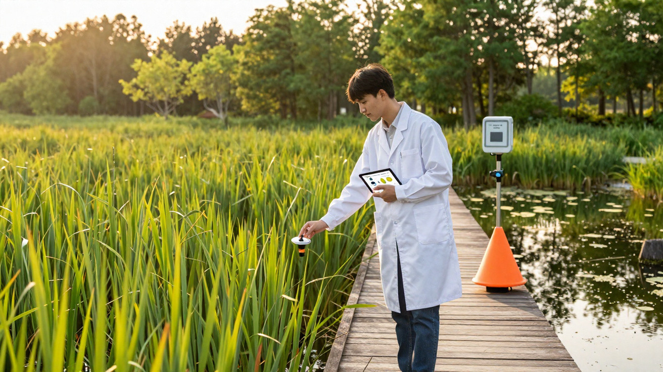 Pesquisador com jaleco branco coleta dados em plantações de arroz usando tablet e sensor à beira de um lago.
