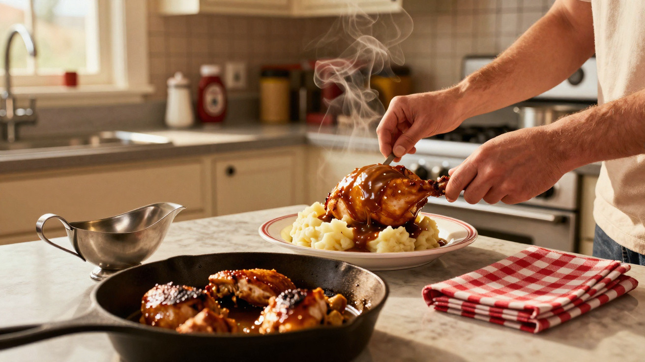 Pessoa servindo coxa de frango com molho sobre purê de batatas em prato na cozinha.