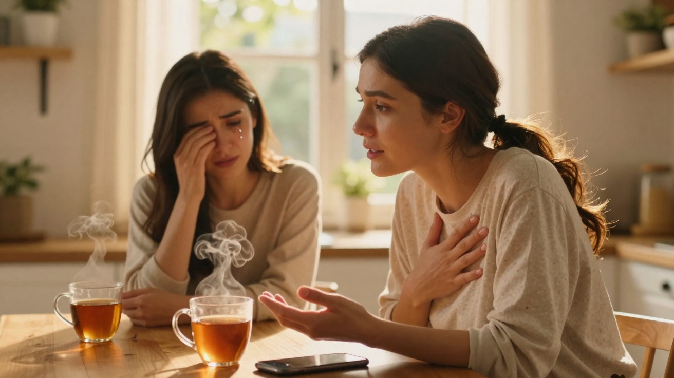 Duas mulheres conversando na cozinha, uma chorando e a outra consolando, com chá quente na mesa.