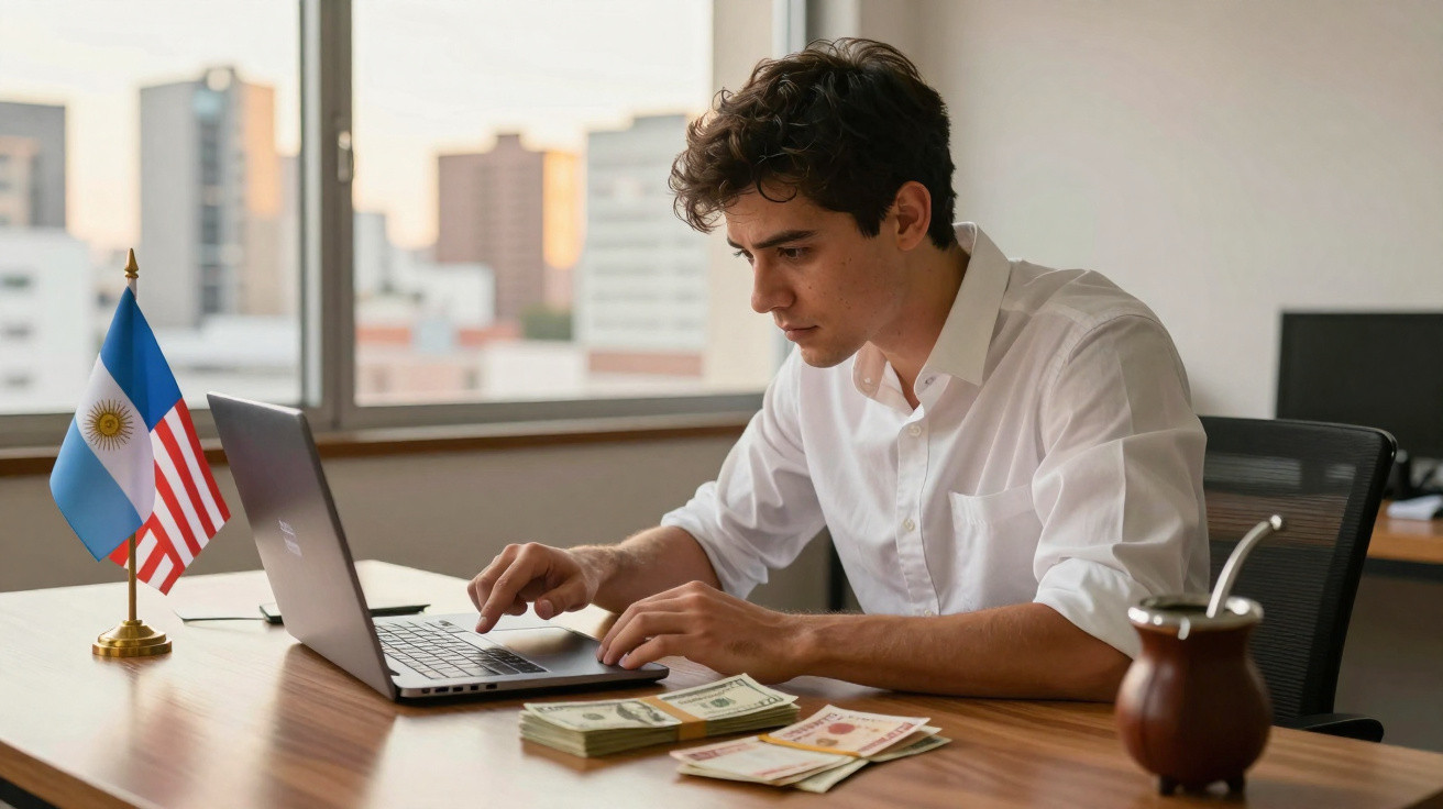 Jovem trabalha no laptop em escritório com bandeiras da Argentina e EUA, com dinheiro e chimarrão na mesa.